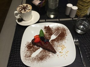 chocolate tart and cappucino